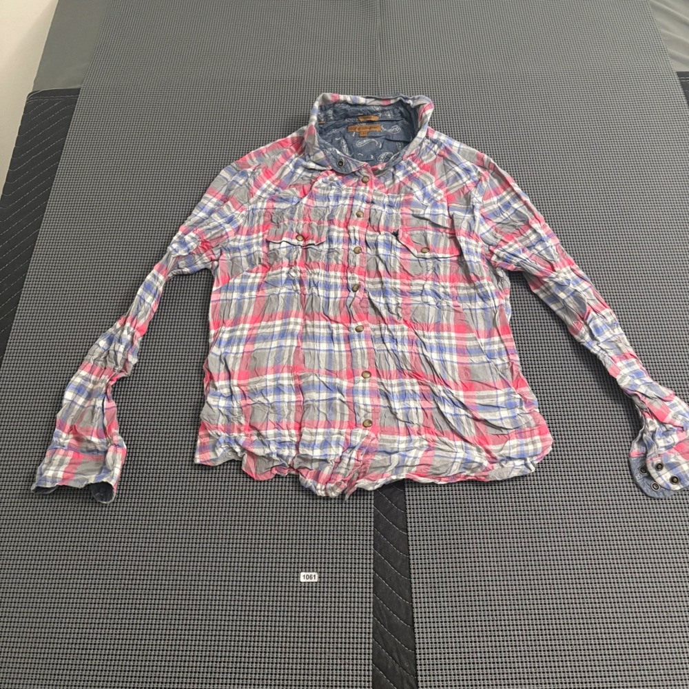 Jacks Girlfriend Womens Pink Blue Plaid Roll Tab Sleeve Button Down Shirt Large
